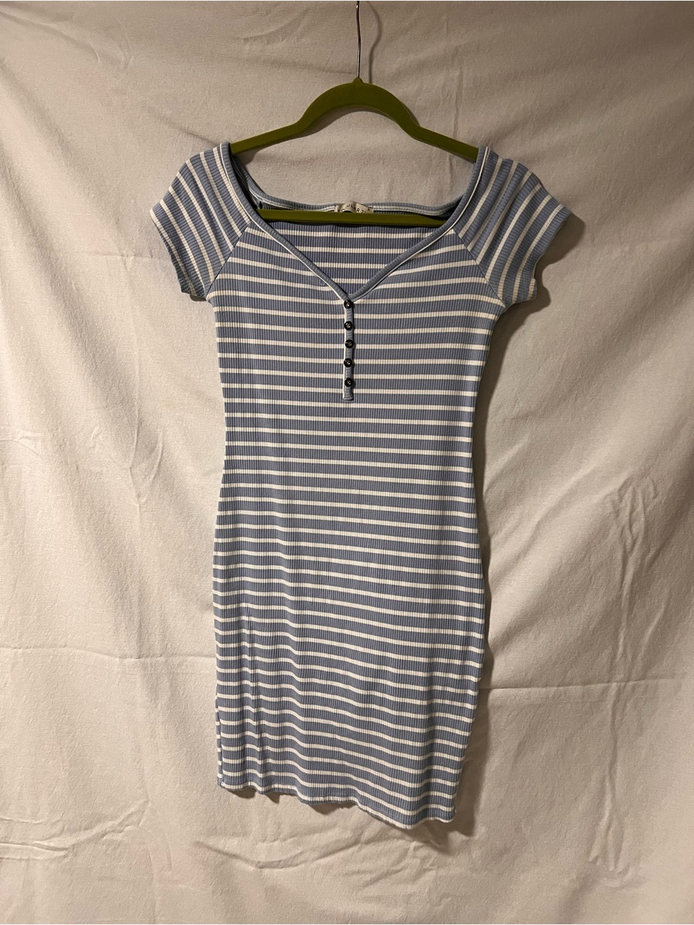 Striped Light Blue & White Ribbed Mini Dress with Button Front